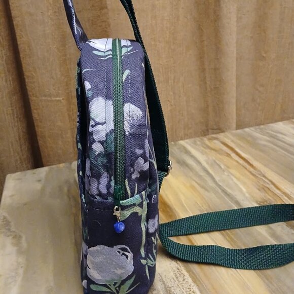 New Mini Backpack Sling Travel Bag Crossbody Blue floral Canvas Black Dress 9\